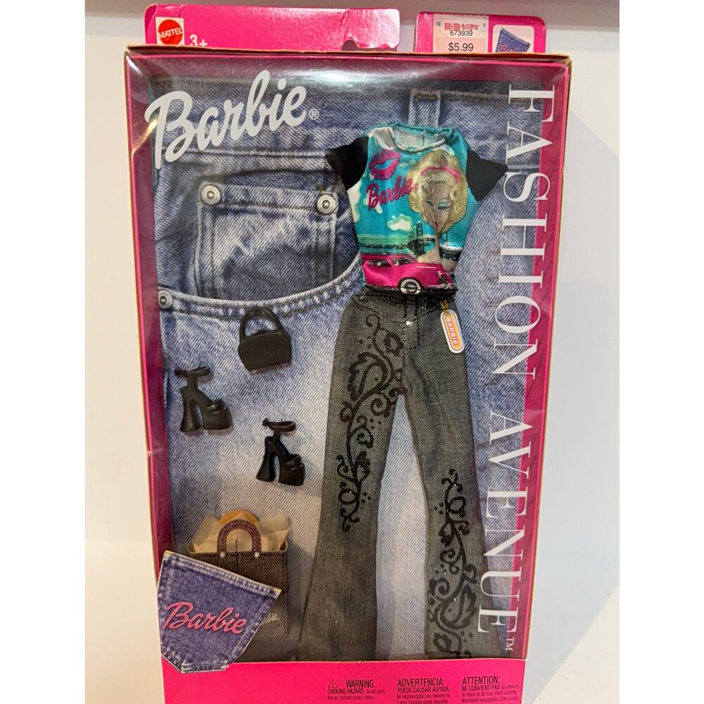 2002 Barbie Fashion Avenue Flare Jeans Barbie Print Top NRFB Mattel 55516 NIP